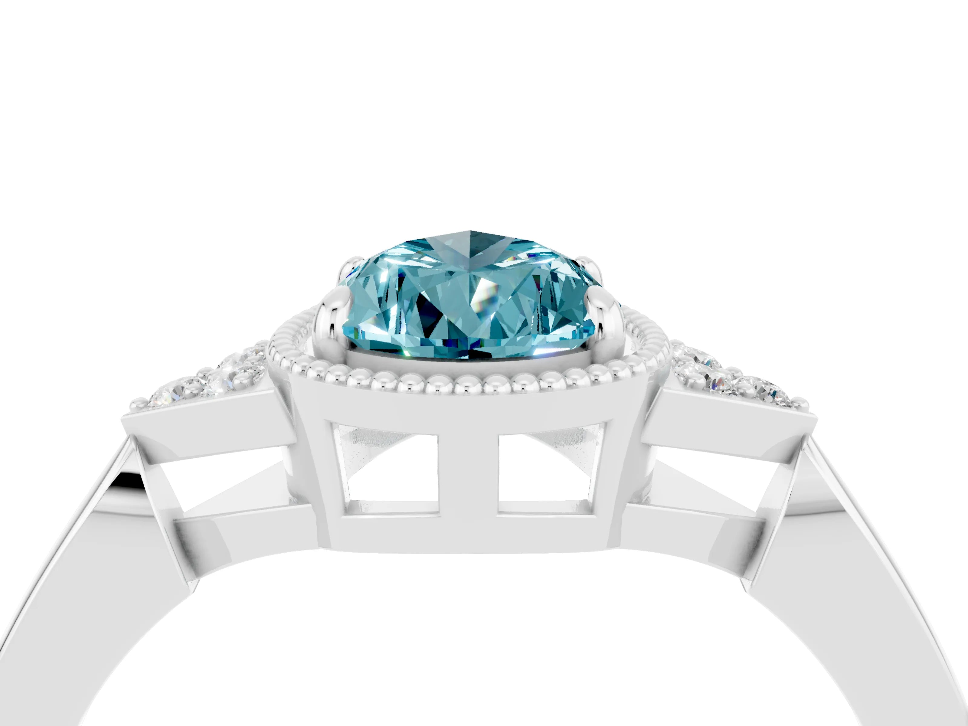 White gold Pear Cut Blue Topaz Halo Ring with Tapered Band and Four-Prong Setting_4