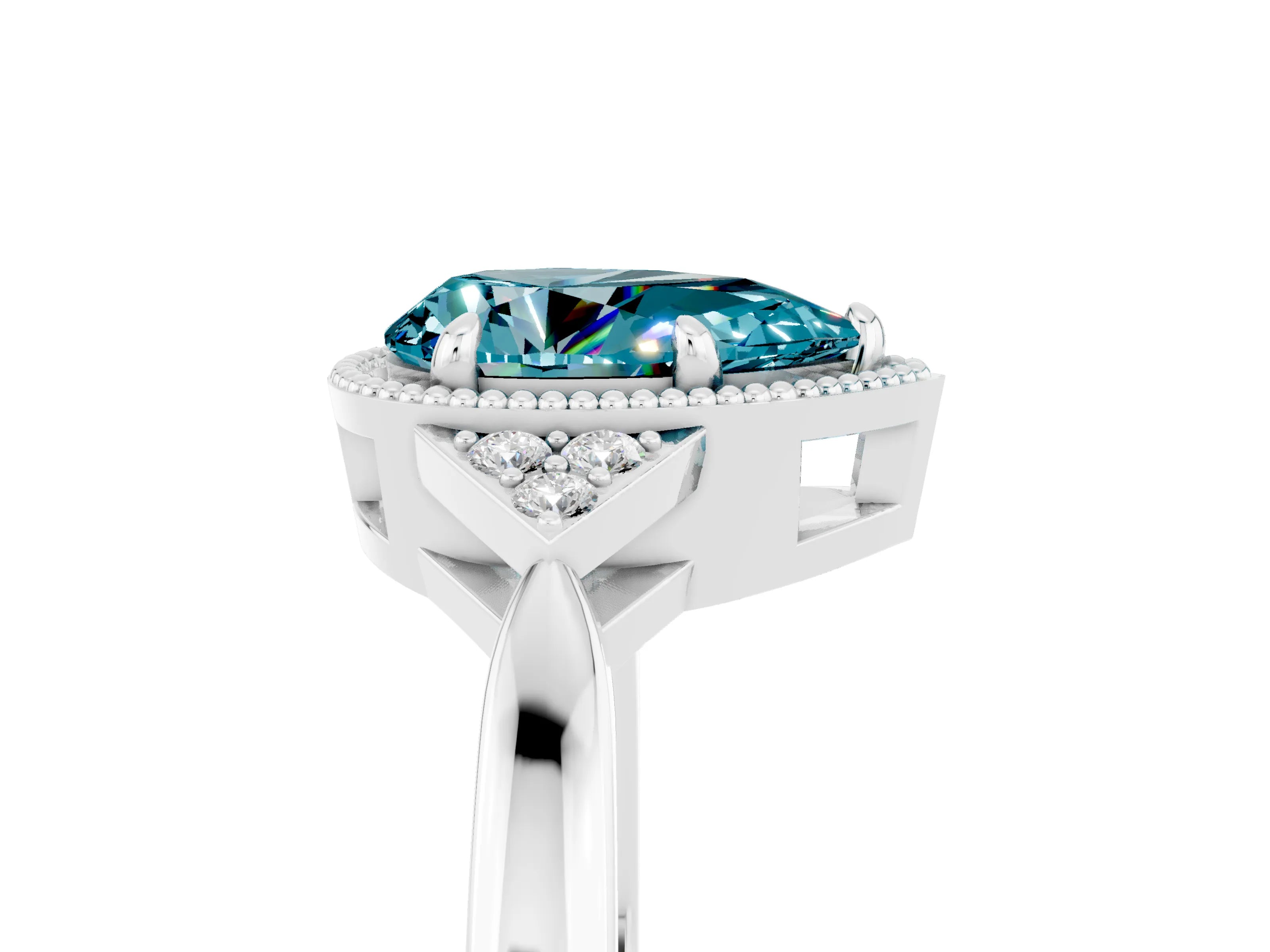 White gold Pear Cut Blue Topaz Halo Ring with Tapered Band and Four-Prong Setting_5