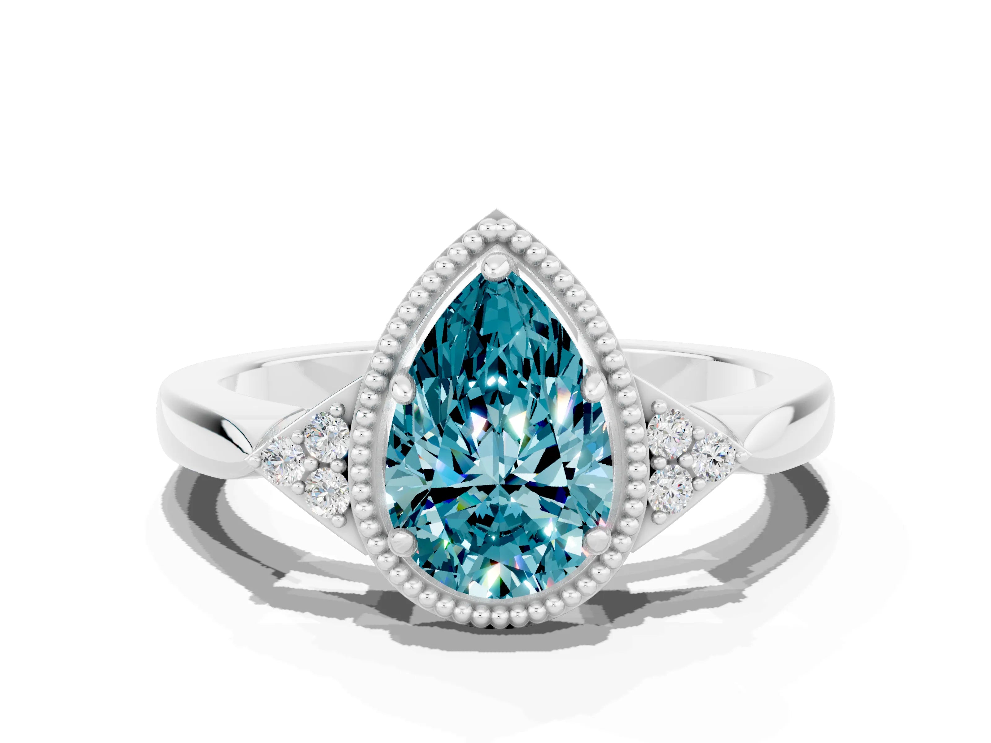 White gold Pear Cut Blue Topaz Halo Ring with Tapered Band and Four-Prong Setting