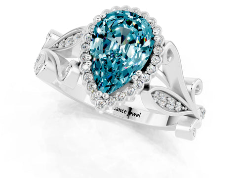 White gold Pear Cut Blue Topaz Halo Ring with Vintage Split Shank and Four-Prong Setting_1