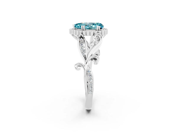 White gold Pear Cut Blue Topaz Halo Ring with Vintage Split Shank and Four-Prong Setting
