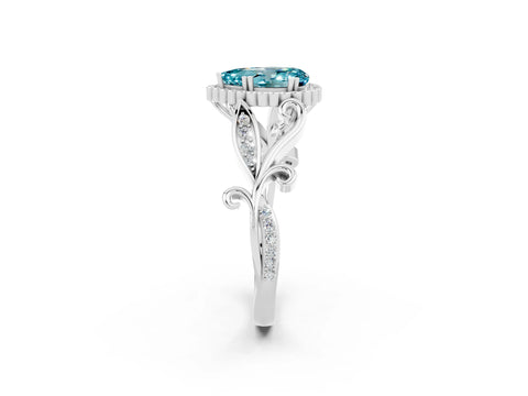 White gold Pear Cut Blue Topaz Halo Ring with Vintage Split Shank and Four-Prong Setting_2