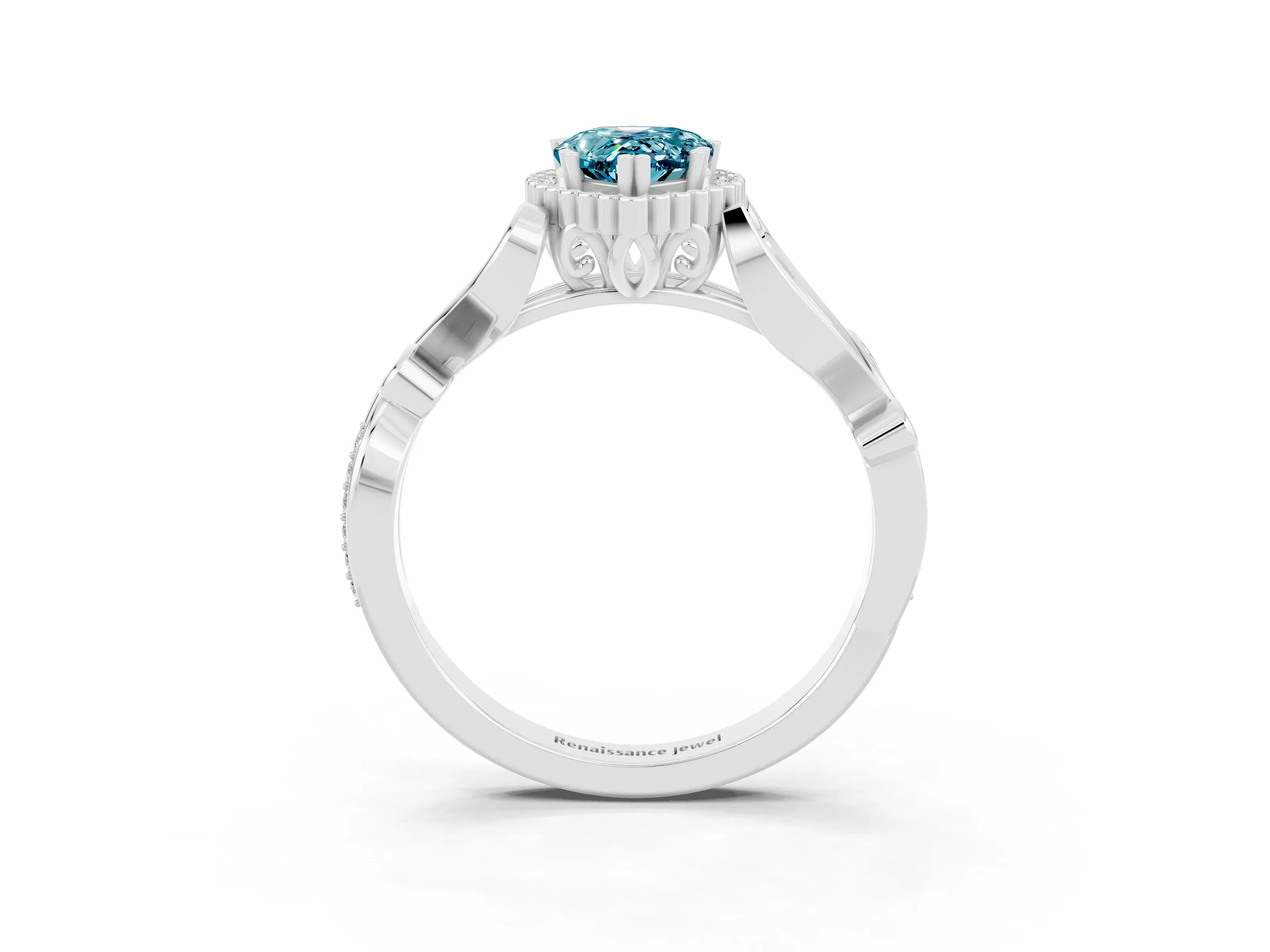 White gold Pear Cut Blue Topaz Halo Ring with Vintage Split Shank and Four-Prong Setting_3