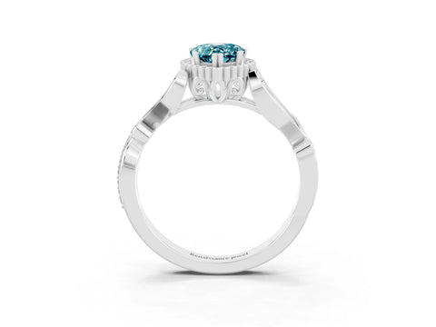 White gold Pear Cut Blue Topaz Halo Ring with Vintage Split Shank and Four-Prong Setting_3
