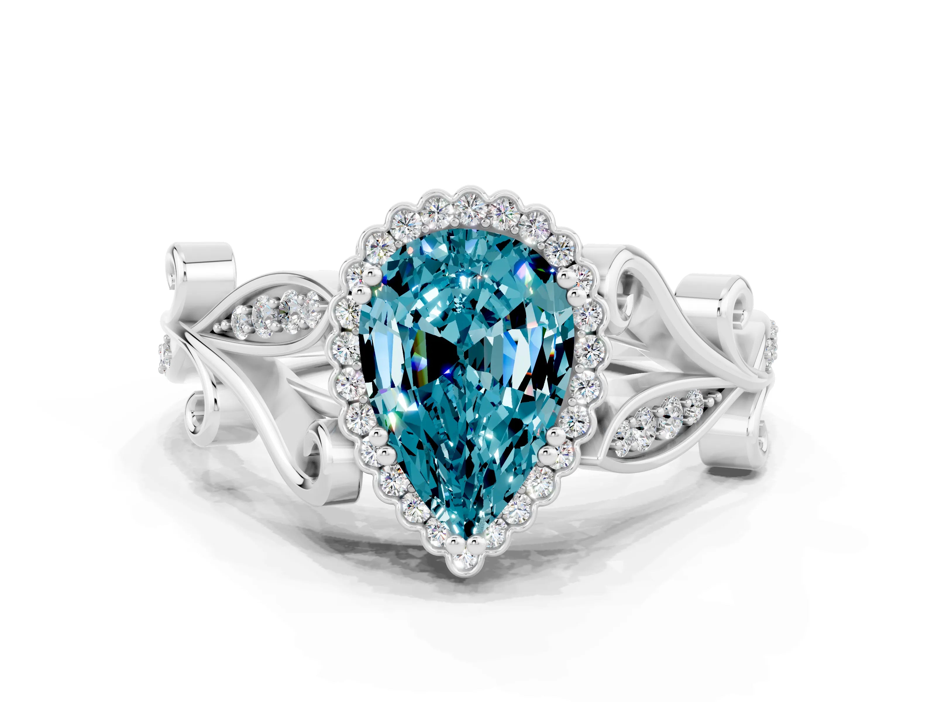 White gold Pear Cut Blue Topaz Halo Ring with Vintage Split Shank and Four-Prong Setting