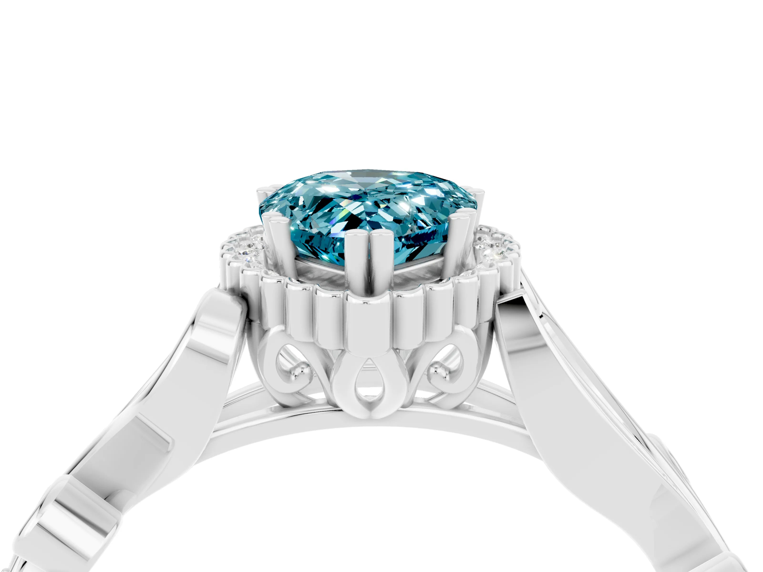 White gold Pear Cut Blue Topaz Halo Ring with Vintage Split Shank and Four-Prong Setting_4