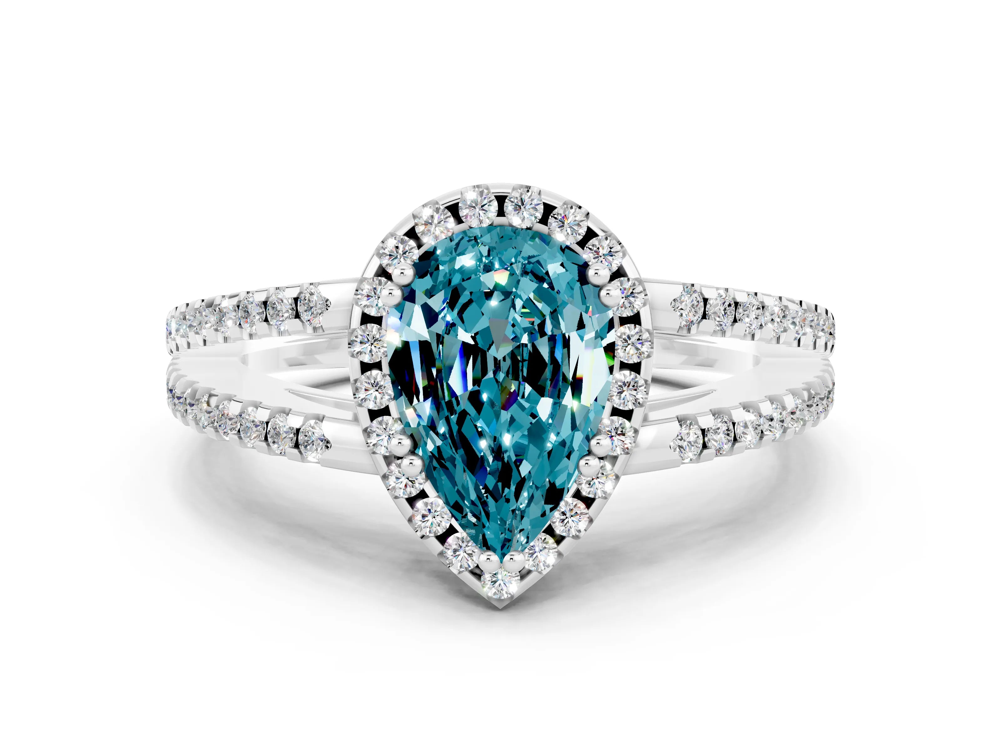 White gold Pear Cut Blue Topaz Halo Split Shank Engagement Ring_12