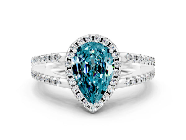 Platinum Pear Cut Blue Topaz Halo Split Shank Engagement Ring