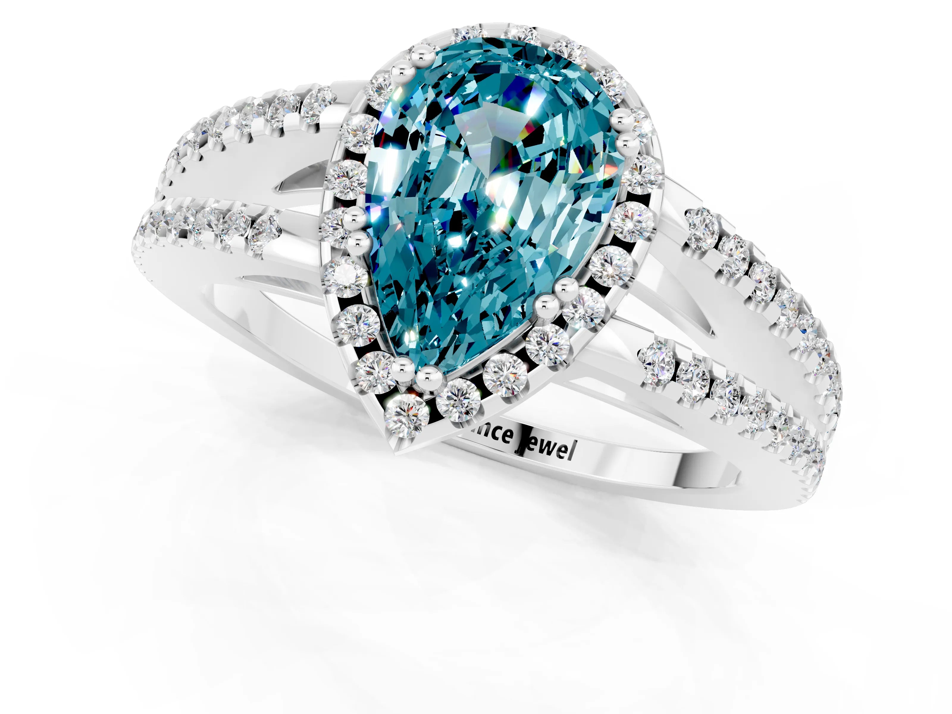 White gold Pear Cut Blue Topaz Halo Split Shank Engagement Ring_13
