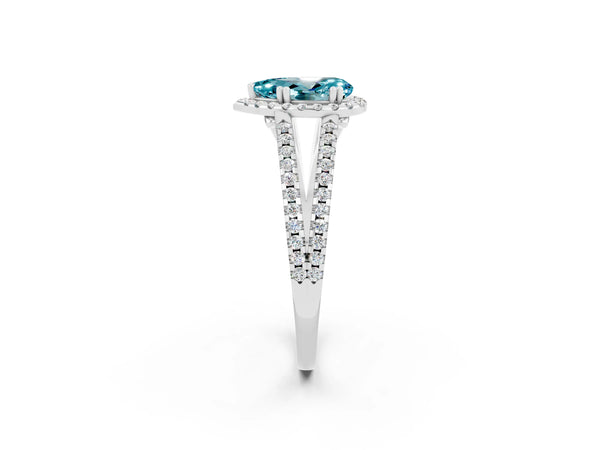 Silver Pear Cut Blue Topaz Halo Split Shank Engagement Ring