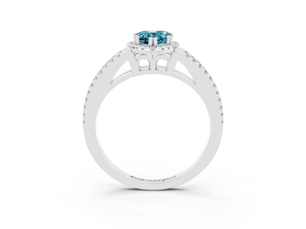 White gold Pear Cut Blue Topaz Halo Split Shank Engagement Ring