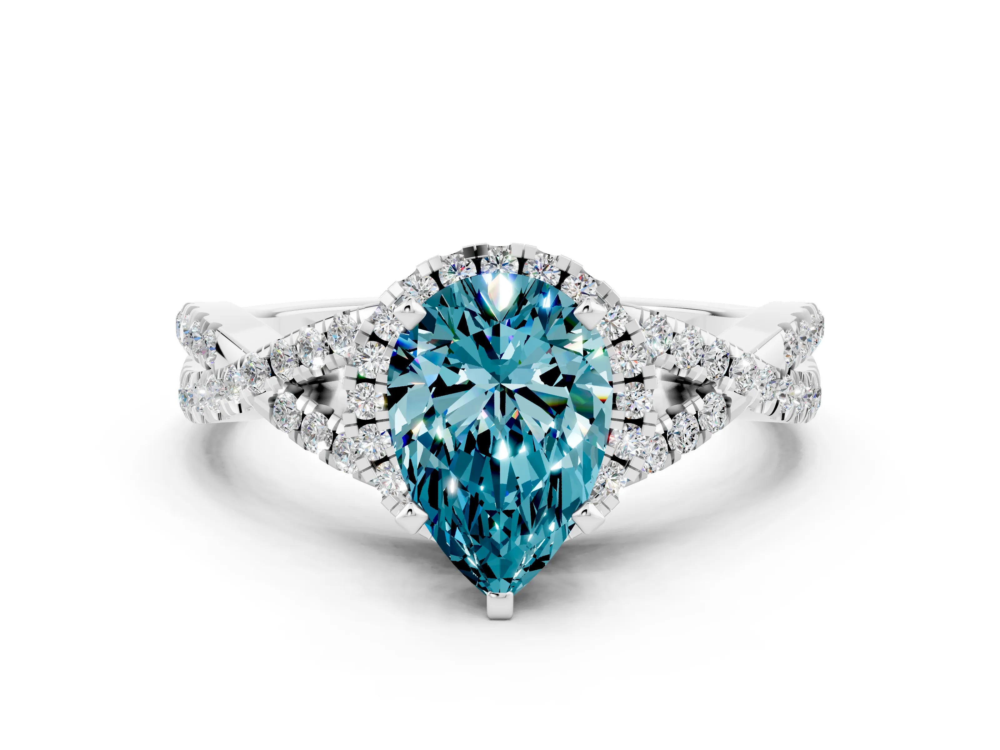 White gold Pear Cut Blue Topaz Halo Twist Band Solitaire Prong Setting Ring