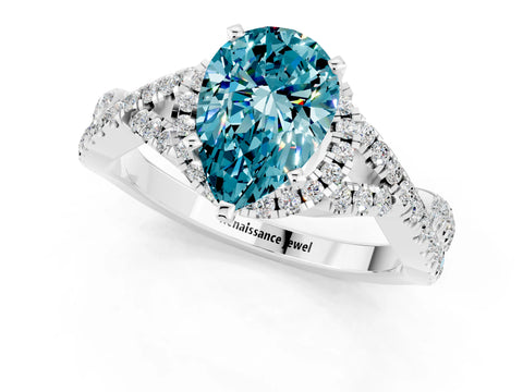 White gold Pear Cut Blue Topaz Halo Twist Band Solitaire Prong Setting Ring_1