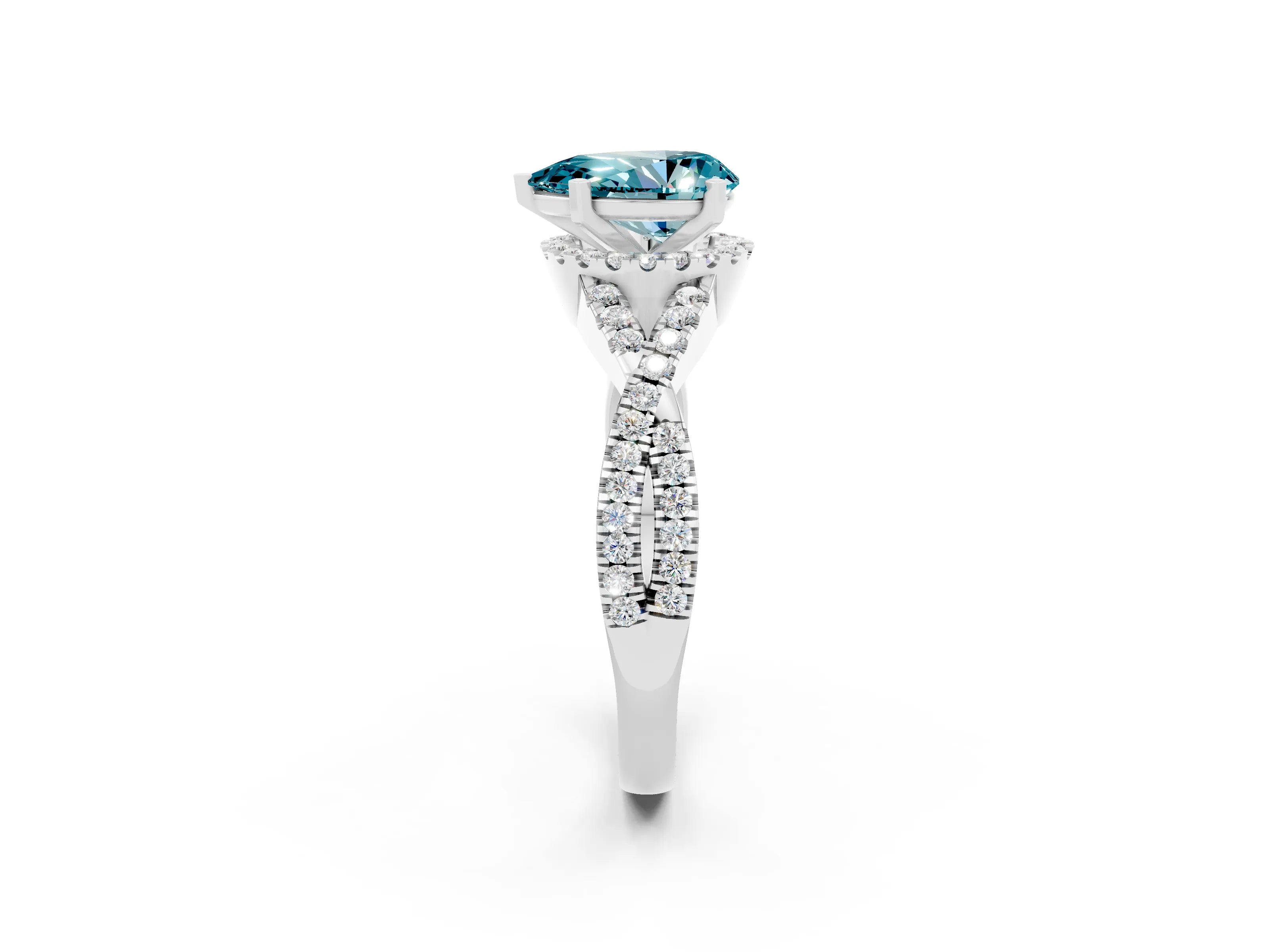 White gold Pear Cut Blue Topaz Halo Twist Band Solitaire Prong Setting Ring_2