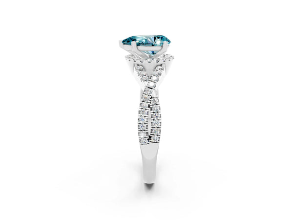 White gold Pear Cut Blue Topaz  Halo Twist Band Solitaire Prong Setting Ring