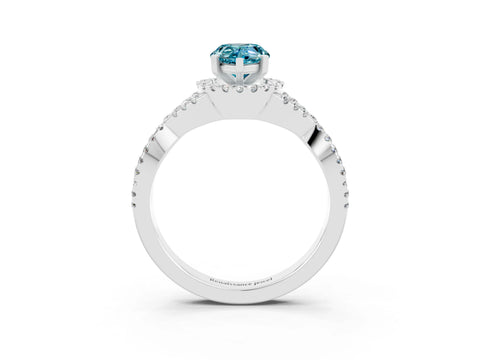 White gold Pear Cut Blue Topaz Halo Twist Band Solitaire Prong Setting Ring_3