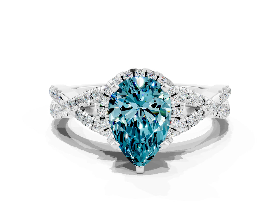 White gold Pear Cut Blue Topaz  Halo Twist Band Solitaire Prong Setting Ring_54