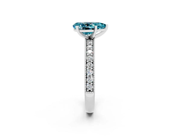 Platinum Pear Cut Blue Topaz Milgrain Pavé Engagement Ring with Four-Prong Setting