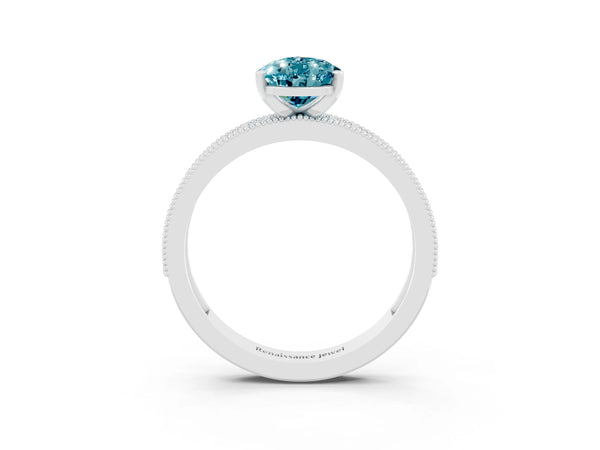 Platinum Pear Cut Blue Topaz Milgrain Pavé Engagement Ring with Four-Prong Setting