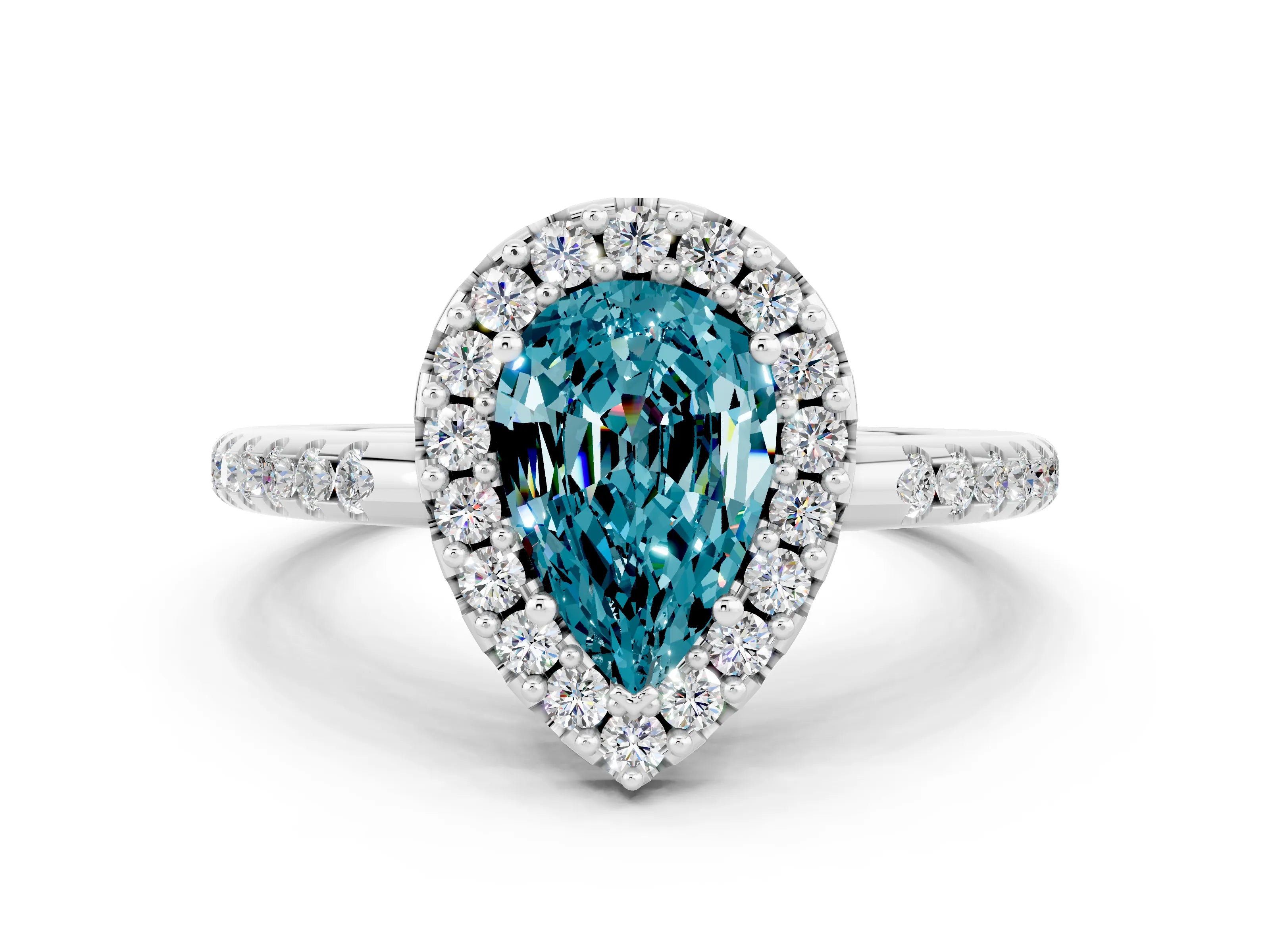 White gold Pear Cut Blue Topaz Pavé Halo Ring with Four-Prong Setting_12