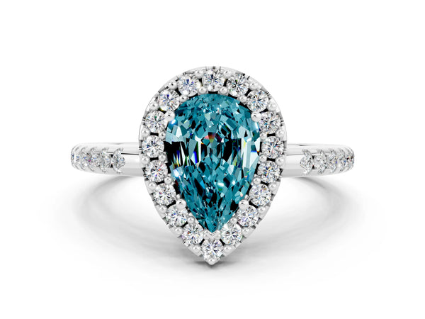 Platinum Pear Cut Blue Topaz Pavé Halo Ring with Four-Prong Setting