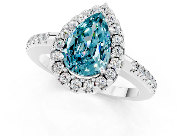 White gold Pear Cut Blue Topaz Pavé Halo Ring with Four-Prong Setting