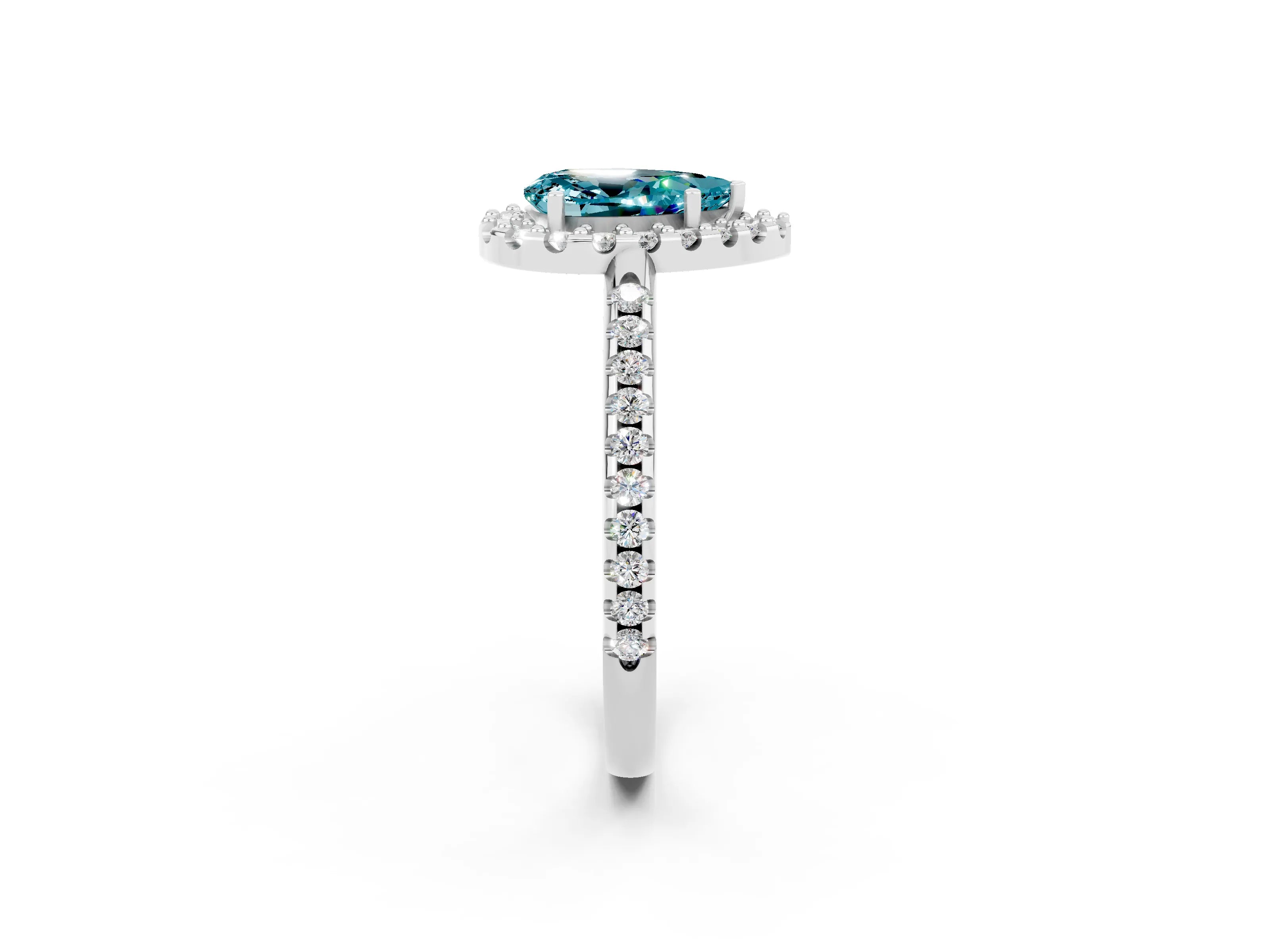 White gold Pear Cut Blue Topaz Pavé Halo Ring with Four-Prong Setting_14