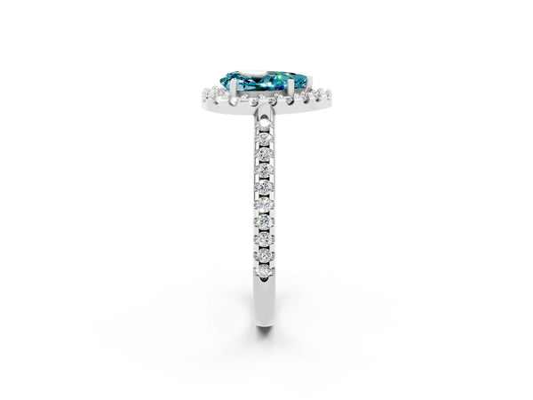 White gold Pear Cut Blue Topaz Pavé Halo Ring with Four-Prong Setting