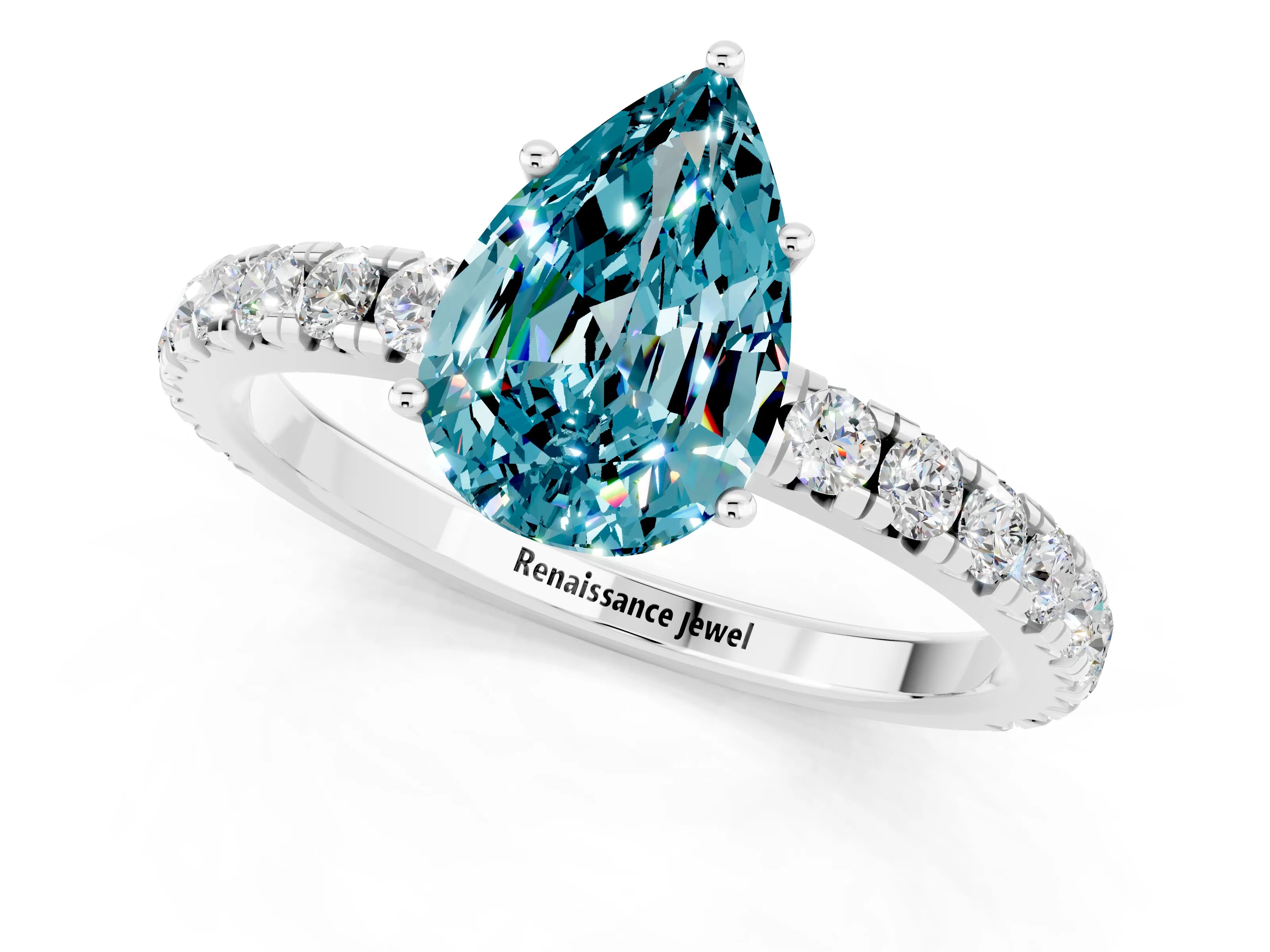 White gold Pear Cut Blue Topaz Pavé Solitaire Engagement Ring with Four-Prong Setting_13