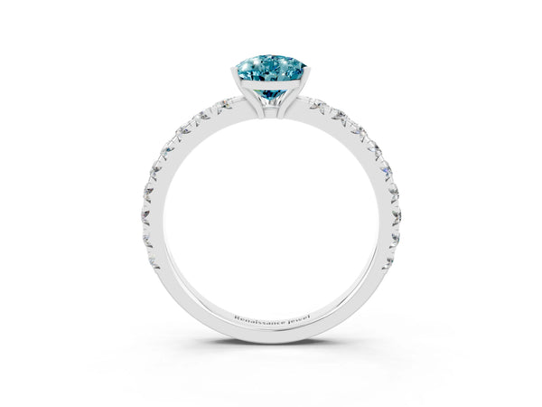 White gold Pear Cut Blue Topaz Pavé Solitaire Engagement Ring with Four-Prong Setting