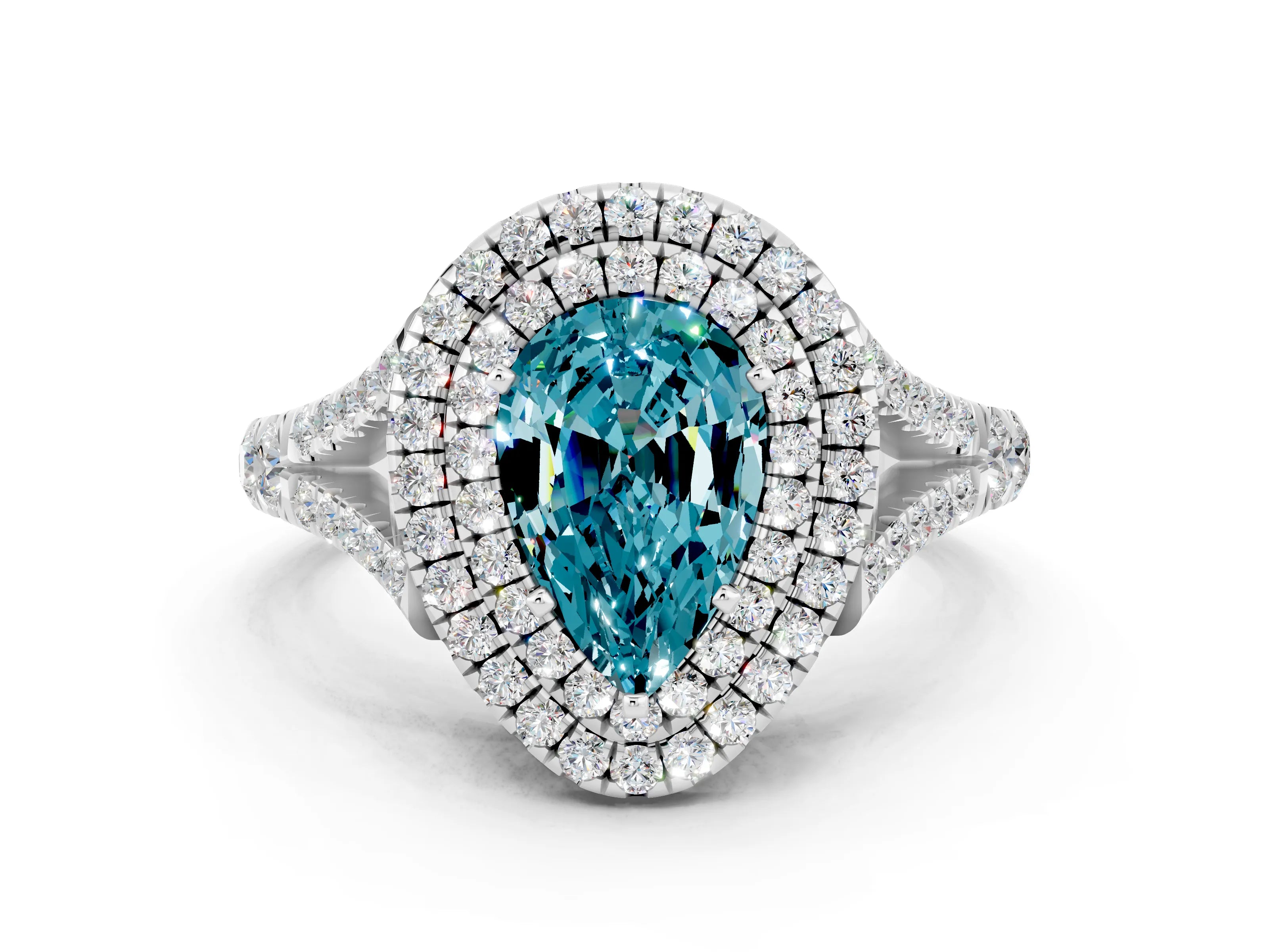 White gold Pear Cut Blue Topaz Pavé Split Shank Double Halo Engagement Ring