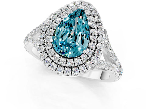 White gold Pear Cut Blue Topaz Pavé Split Shank Double Halo Engagement Ring_1