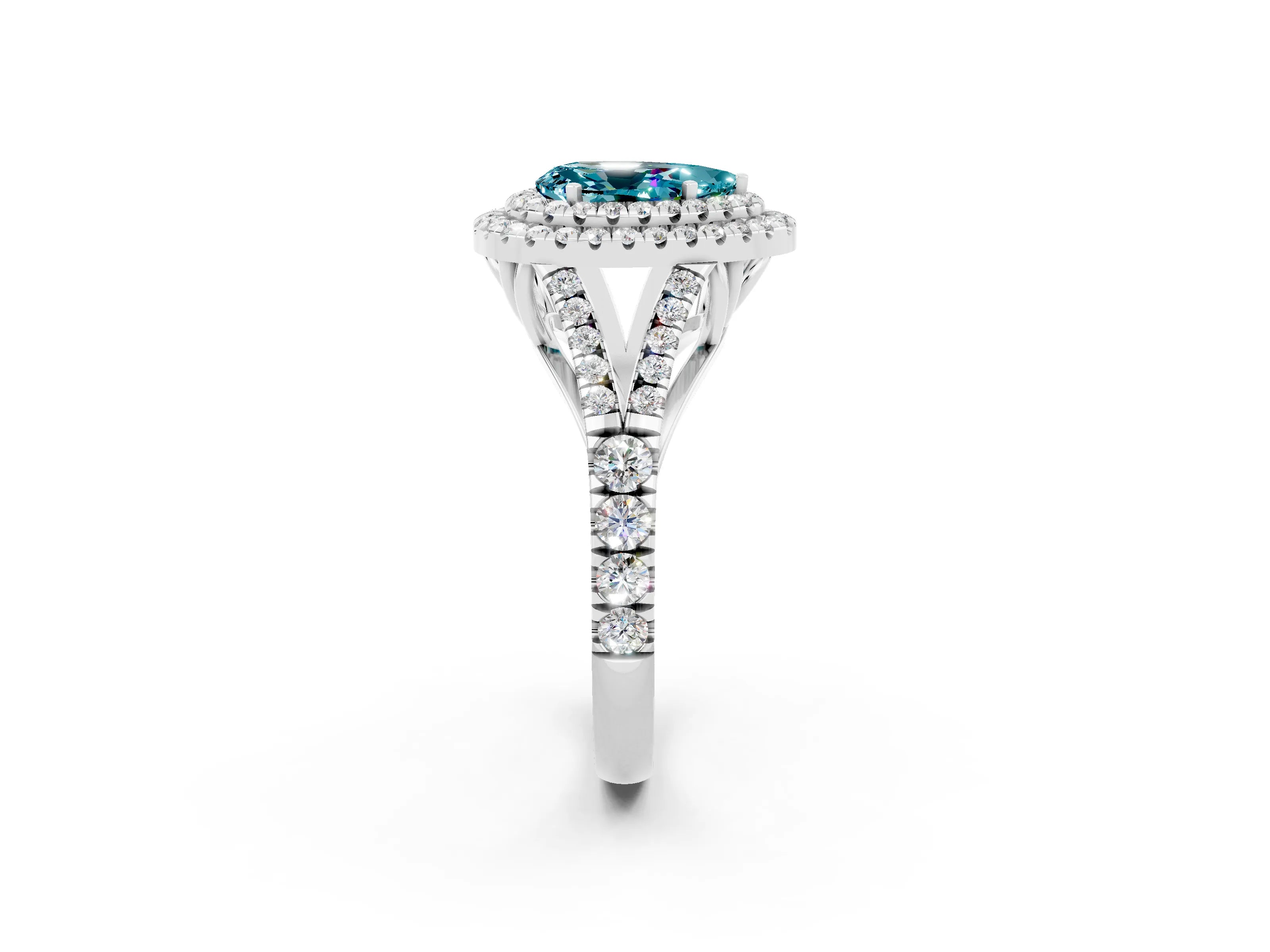 White gold Pear Cut Blue Topaz Pavé Split Shank Double Halo Engagement Ring_2
