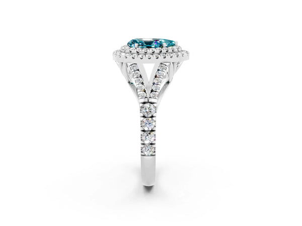 Silver Pear Cut Blue Topaz Pavé Split Shank Double Halo Engagement Ring