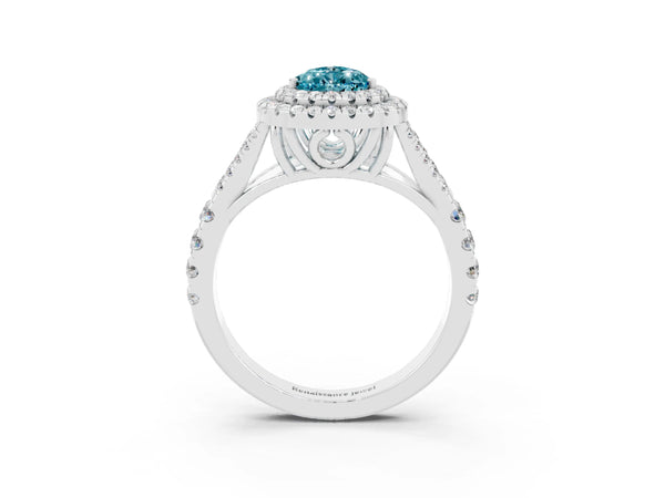 White gold Pear Cut Blue Topaz Pavé Split Shank Double Halo Engagement Ring