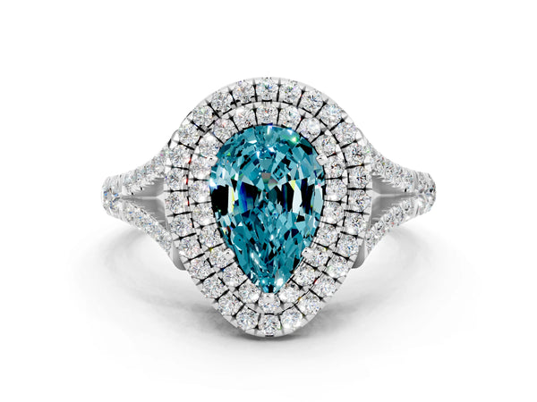Silver Pear Cut Blue Topaz Pavé Split Shank Double Halo Engagement Ring