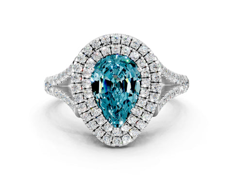 White gold Pear Cut Blue Topaz Pavé Split Shank Double Halo Engagement Ring