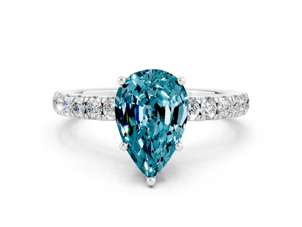 Silver Pear Cut Blue Topaz Pave Band Solitaire Ring with Round  and Prong Setting