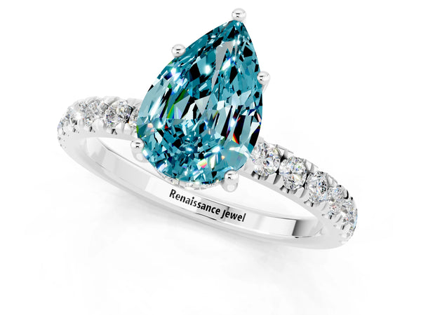 Platinum Pear Cut Blue Topaz Pave Band Solitaire Ring with Round  and Prong Setting