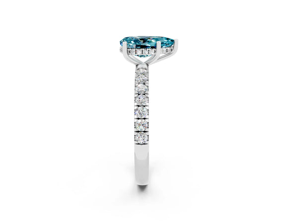 White gold Pear Cut Blue Topaz Pave Band Solitaire Ring with Round  and Prong Setting