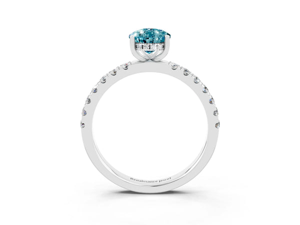 Platinum Pear Cut Blue Topaz Pave Band Solitaire Ring with Round  and Prong Setting