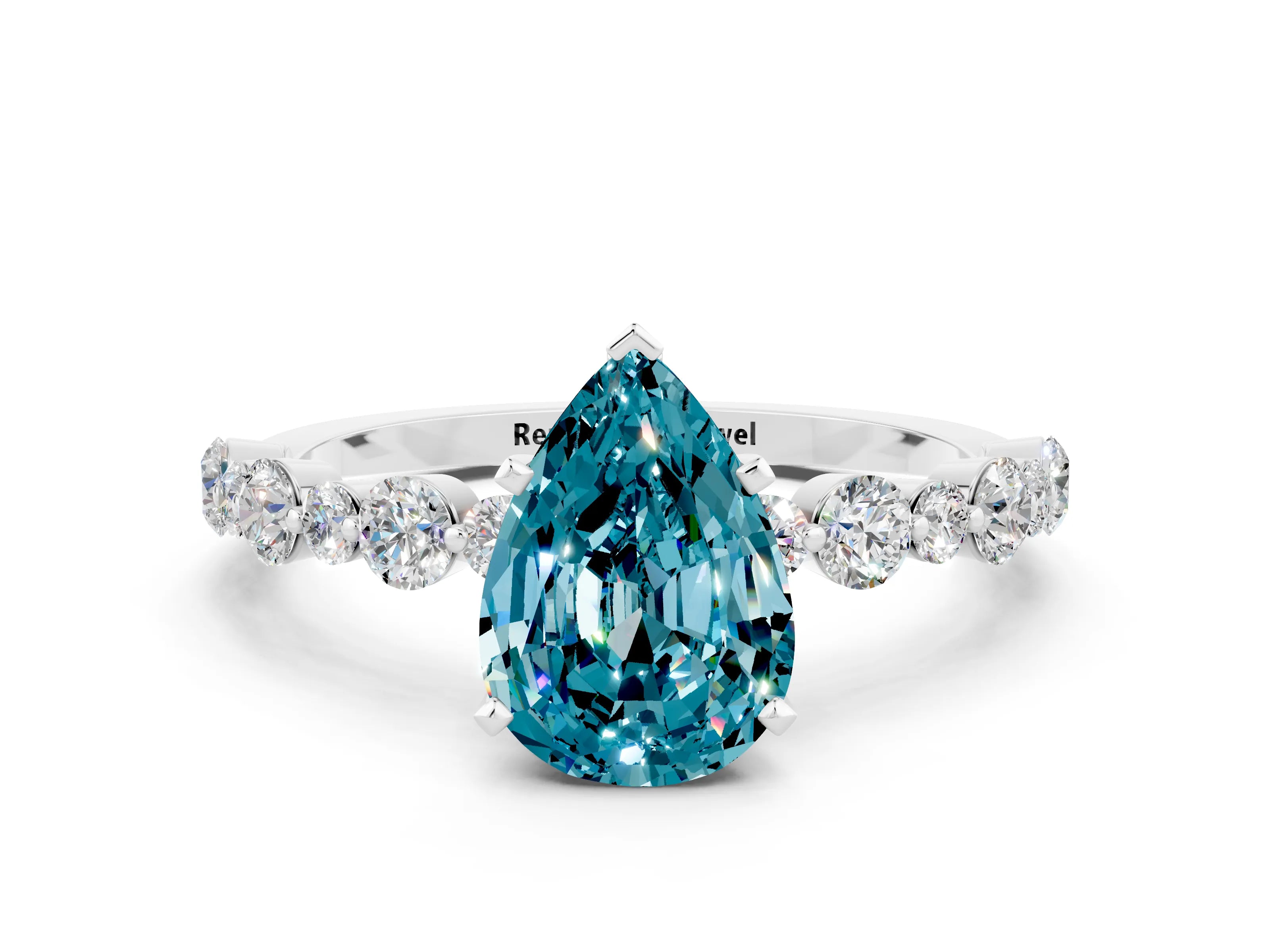 White gold Pear Cut Blue Topaz Prong Set Engagement Ring with Pavé Band