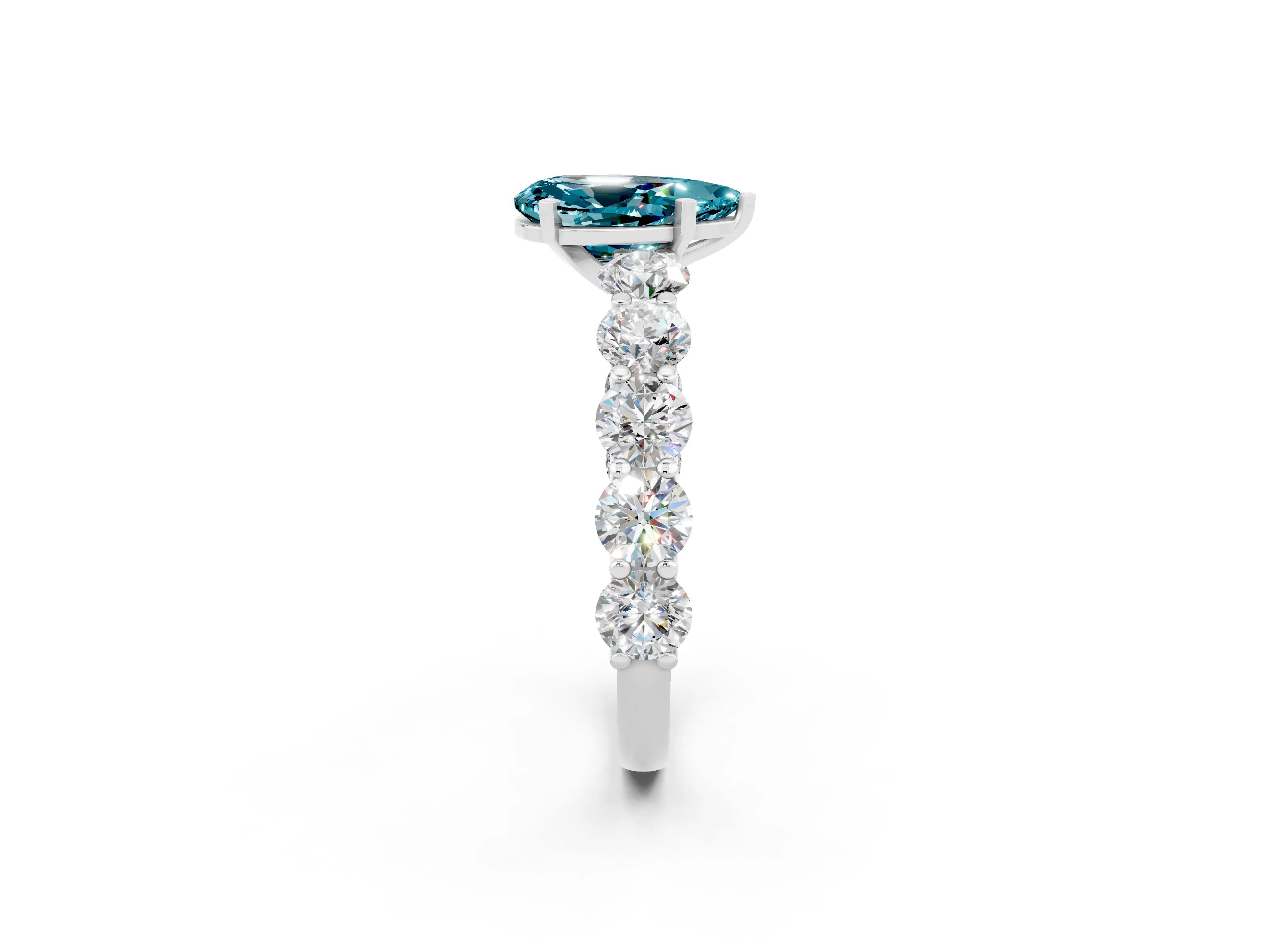 White gold Pear Cut Blue Topaz Prong Setting with Side Stones on a Pave Band_2