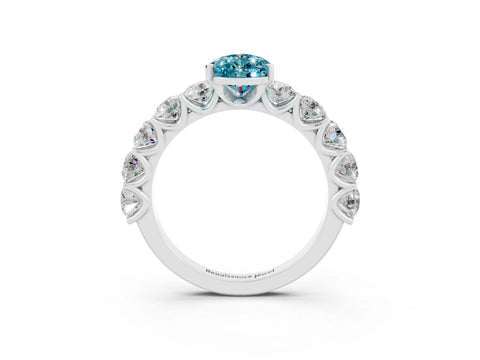 White gold Pear Cut Blue Topaz Prong Setting with Side Stones on a Pave Band_3