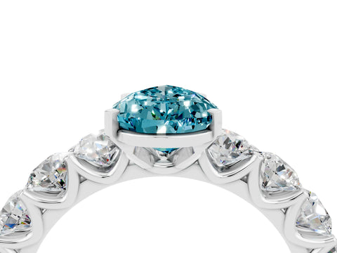 White gold Pear Cut Blue Topaz Prong Setting with Side Stones on a Pave Band_4
