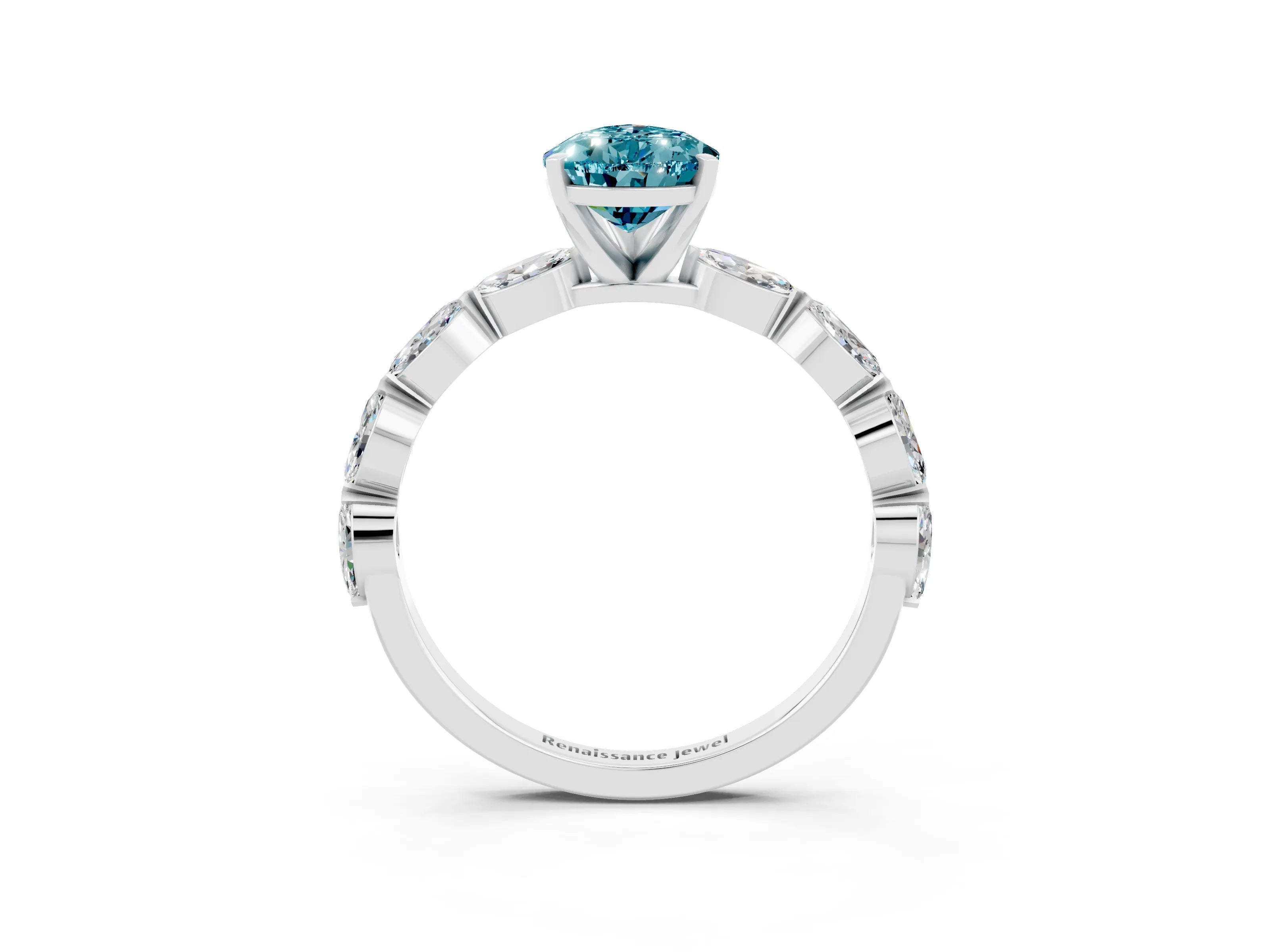 White gold Pear Cut Blue Topaz Ring with Marquise Side Stones and Prong Setting_3