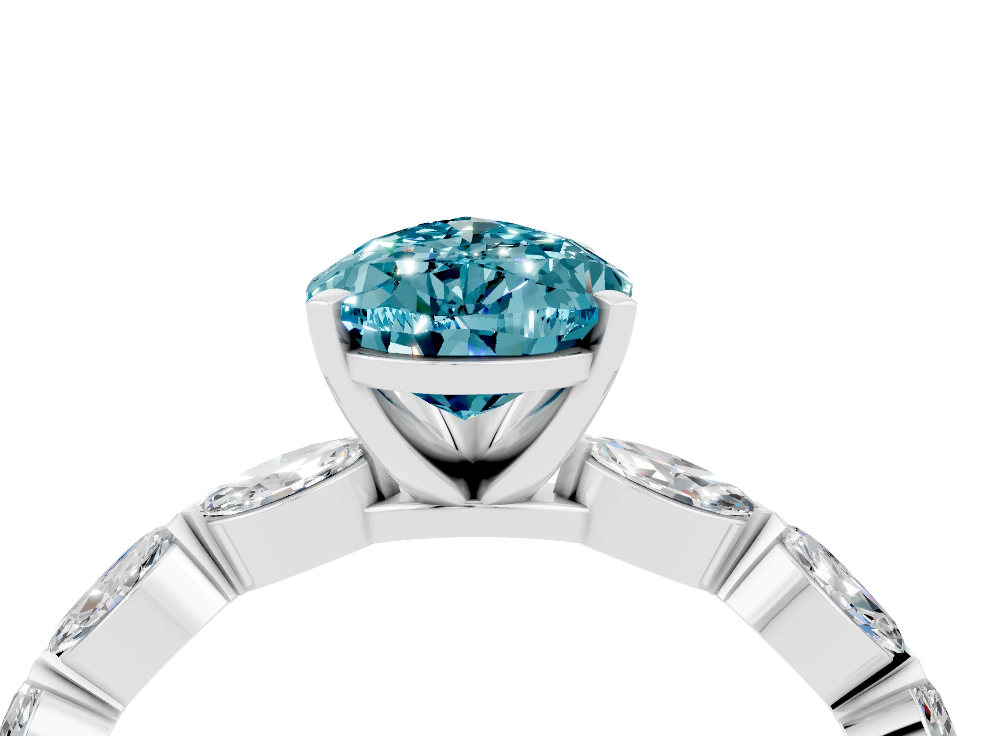 White gold Pear Cut Blue Topaz Ring with Marquise Side Stones and Prong Setting_4