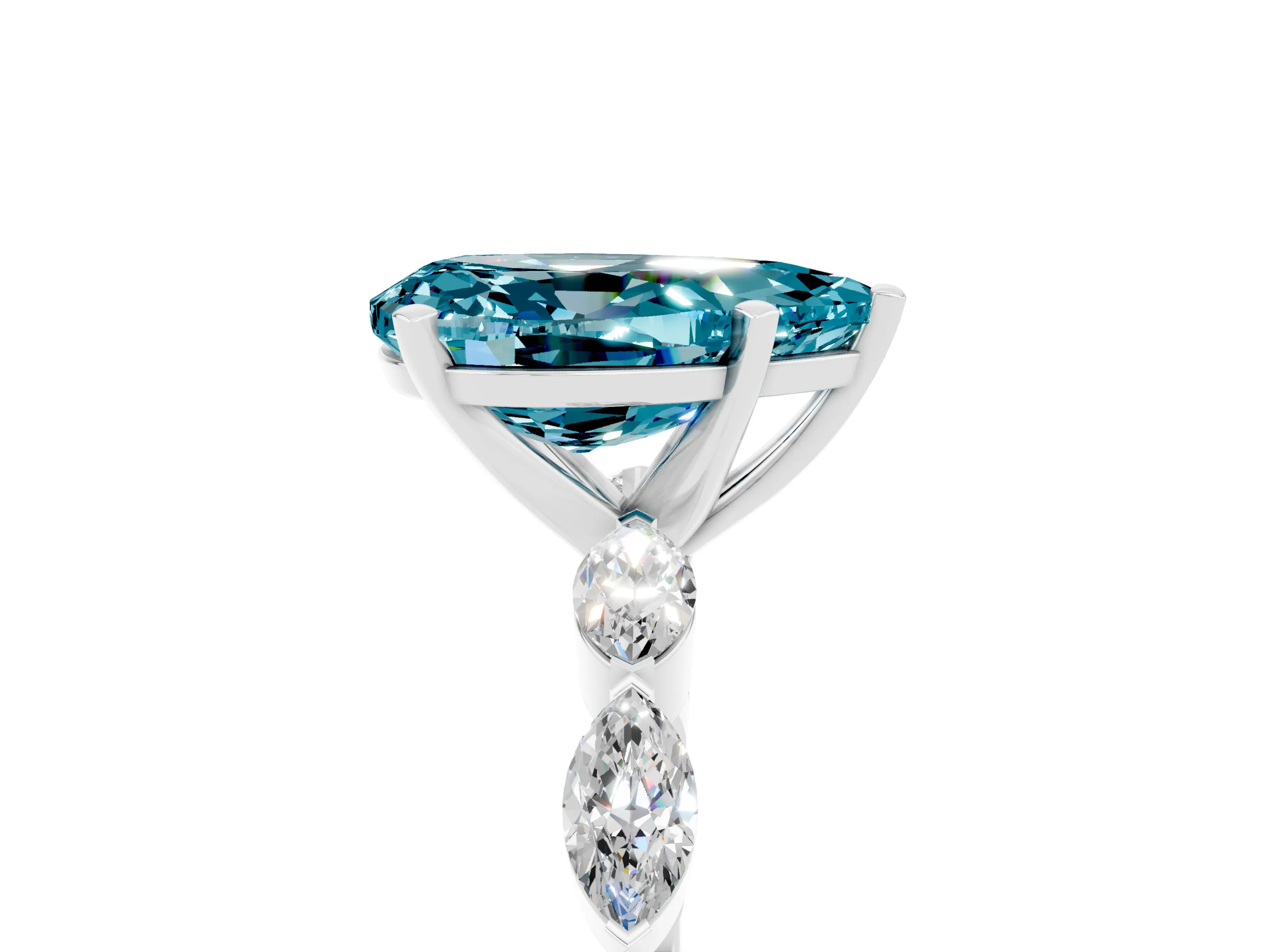White gold Pear Cut Blue Topaz Ring with Marquise Side Stones and Prong Setting_5