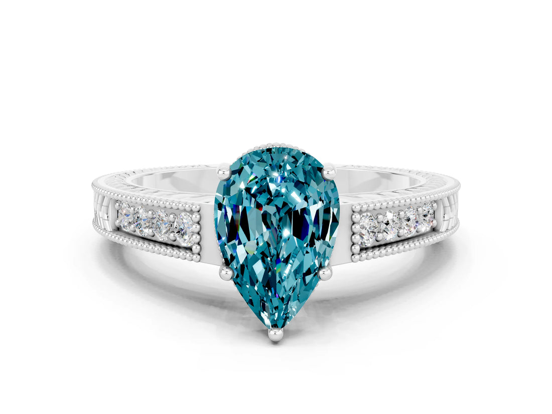 White gold Pear Cut Blue Topaz Ring with Milgrain Pavé Band and Four-Prong Setting_12