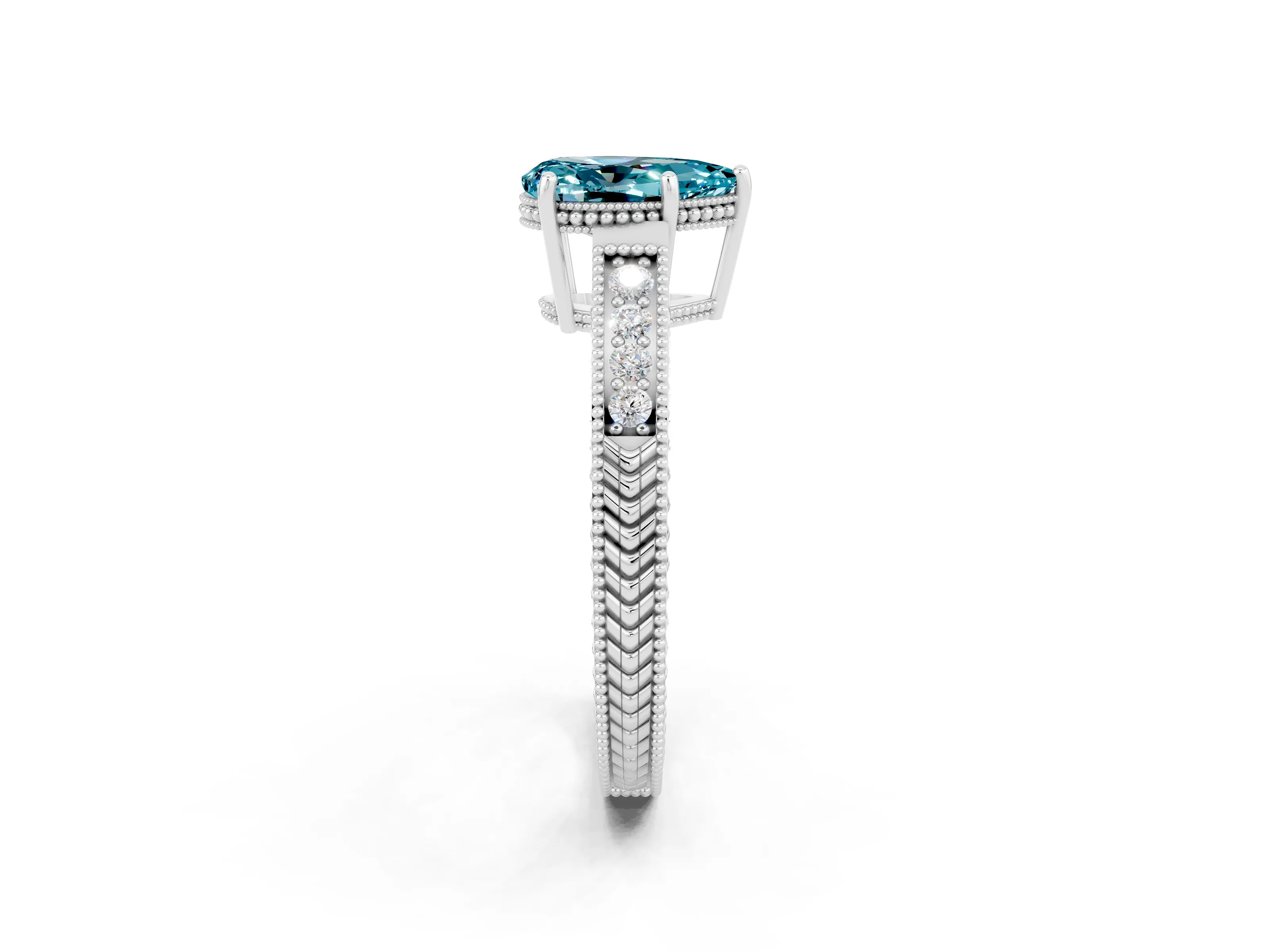 White gold Pear Cut Blue Topaz Ring with Milgrain Pavé Band and Four-Prong Setting_14